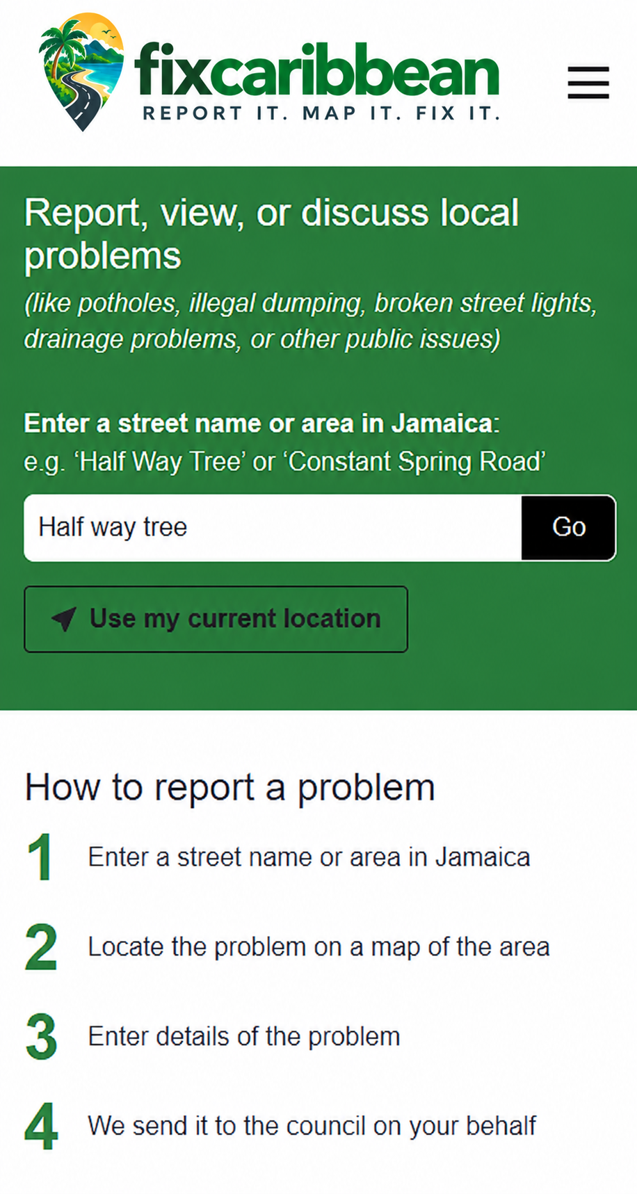 Illustrative mobile homepage with FixCaribbean branding, location search and four reporting instructions