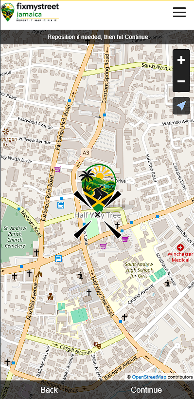 Mobile map centred on Half Way Tree with a location marker and Back and Continue controls