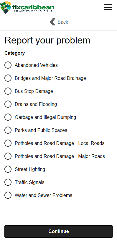 Mobile report form listing available problem categories beneath the FixCaribbean header