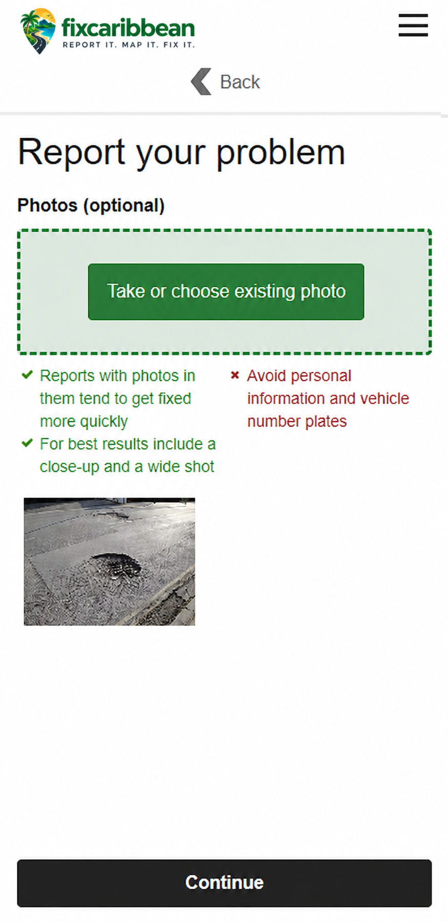 Mobile report form for adding an optional problem photo, with guidance and a pothole example