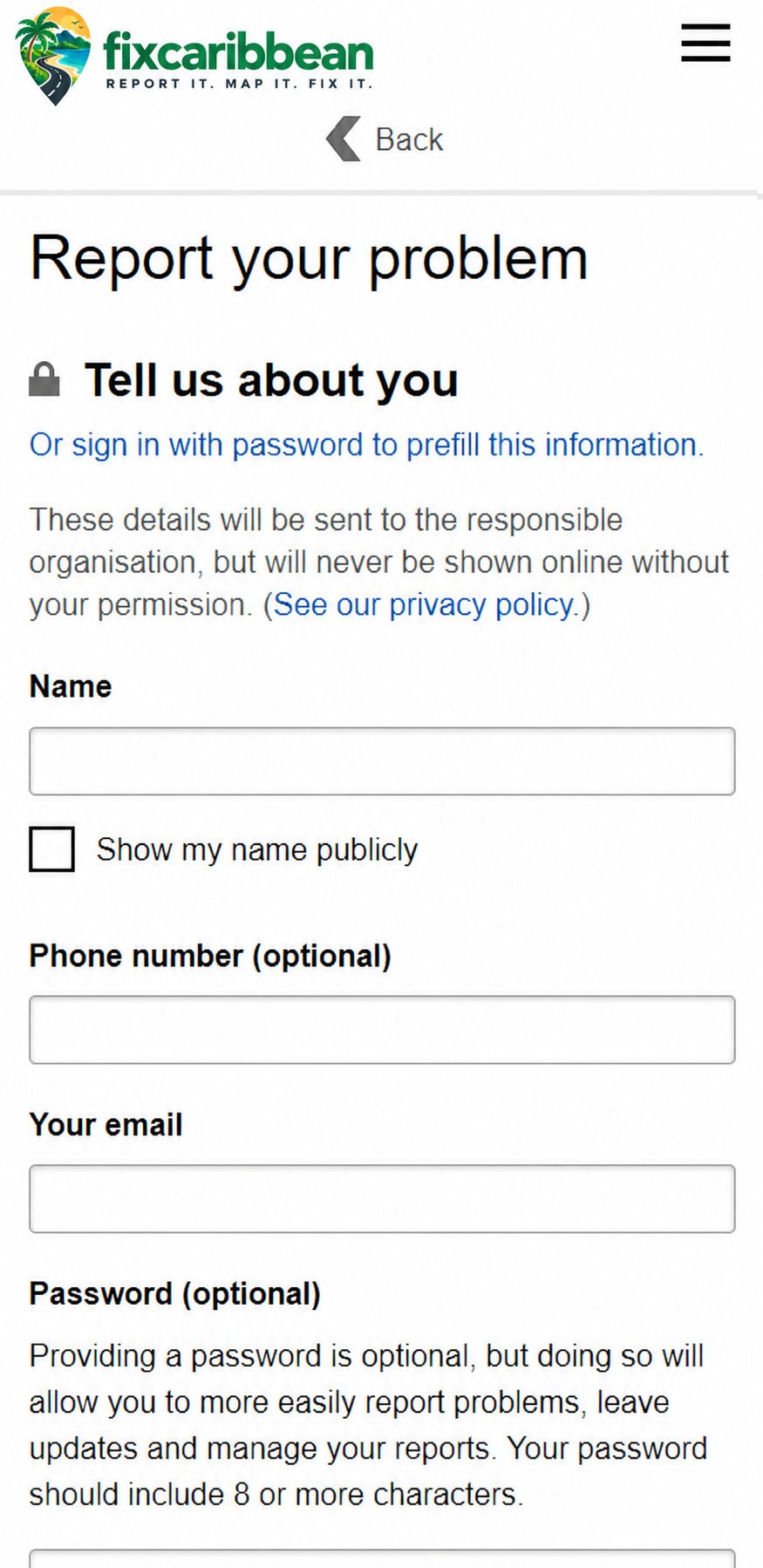 Mobile report form requesting the reporter’s name, phone number, email and optional password
